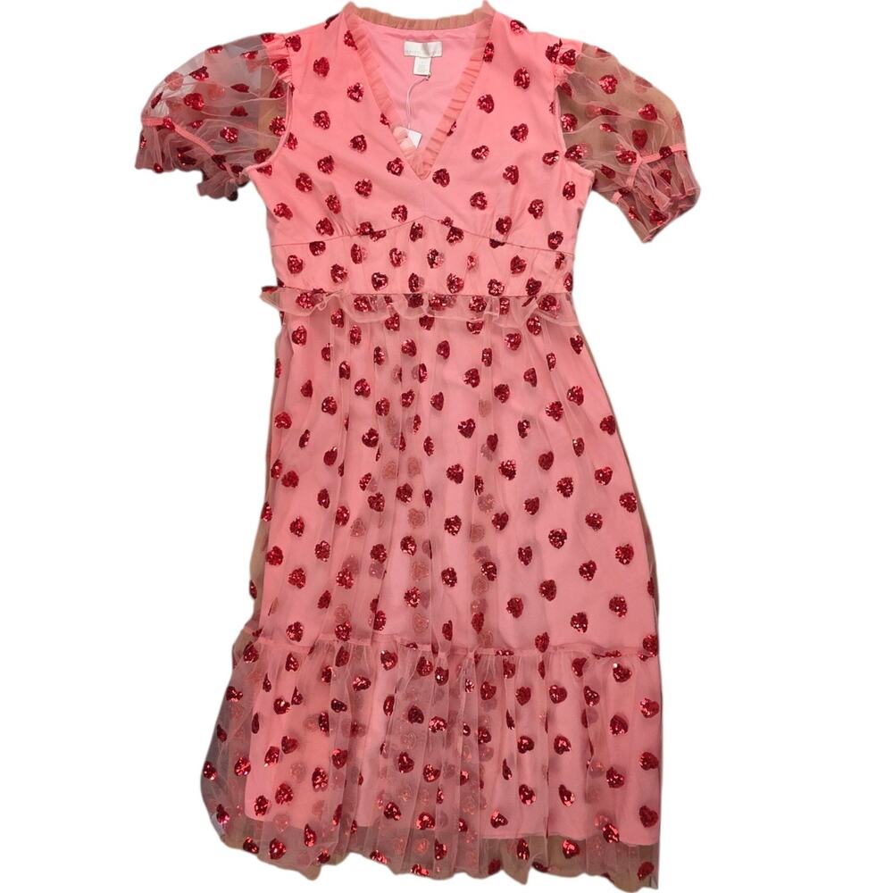Rachel Parcell Pink Midi Dress Red Sequin Hearts Fairy Coquette Tulle